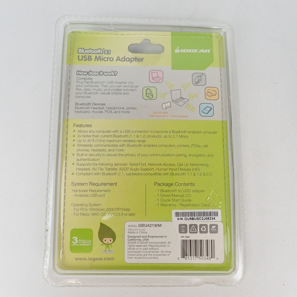 IOGear Bluetooth 2.1 USB Micro Adapter GBU421 – 30 ft Range – New