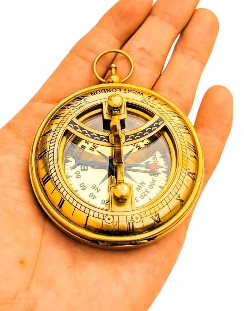 Solid Brass Vintage Camping Hiking Pocket Compass Push Button Pocket Sundial