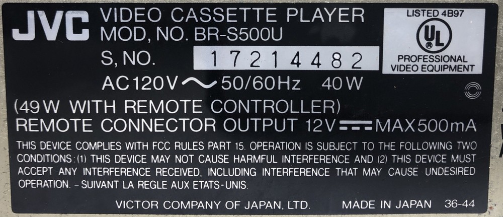 JVC Model BR-S500U Super VCR Player Editing Deck