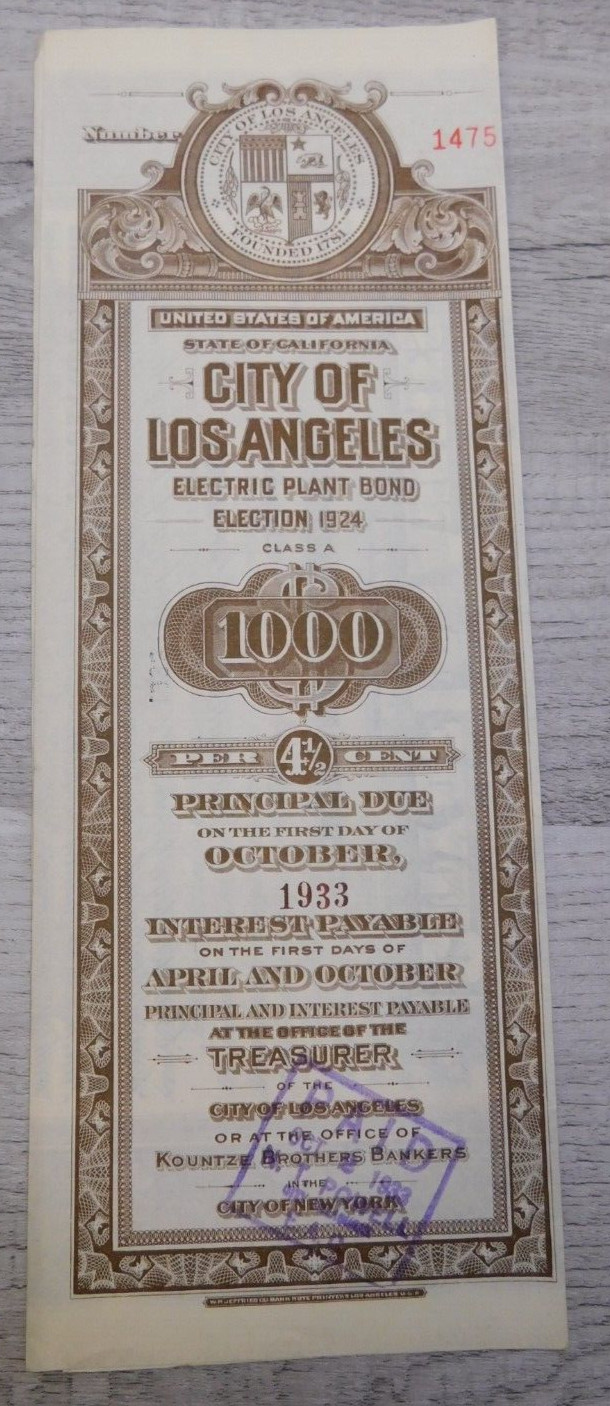 Vintage 1924 California City of Los Angeles Electric Plant Bond Election No 1475