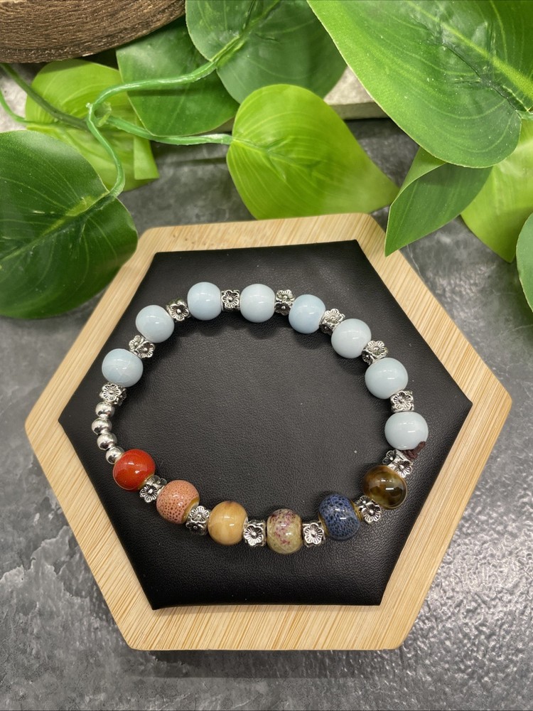 Handmade Ceramic Bead Beaded Stackable 6.5” Plus Stretch Bracelet New B238