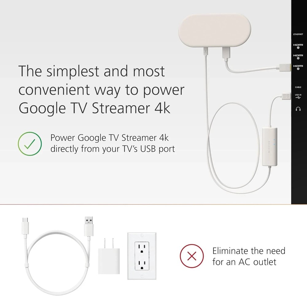 Mission USB Power Cable for Google TV (Power 4K Streamer Version, White