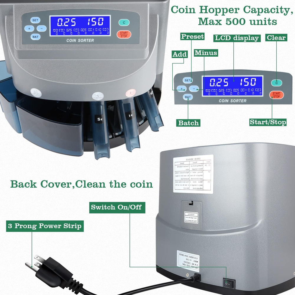 USD Coin Counter Machine - Professional Automatic Coin Sorter and Wrapper/Roller