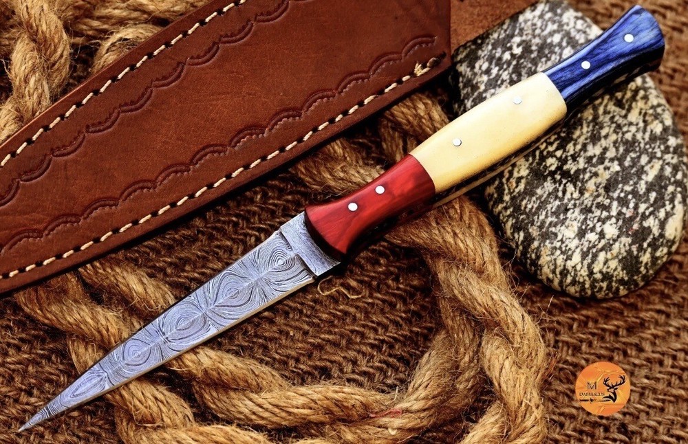 Handmade Damascus Dagger Double Edge Combat Boot Knife Full Tang Flag Handle