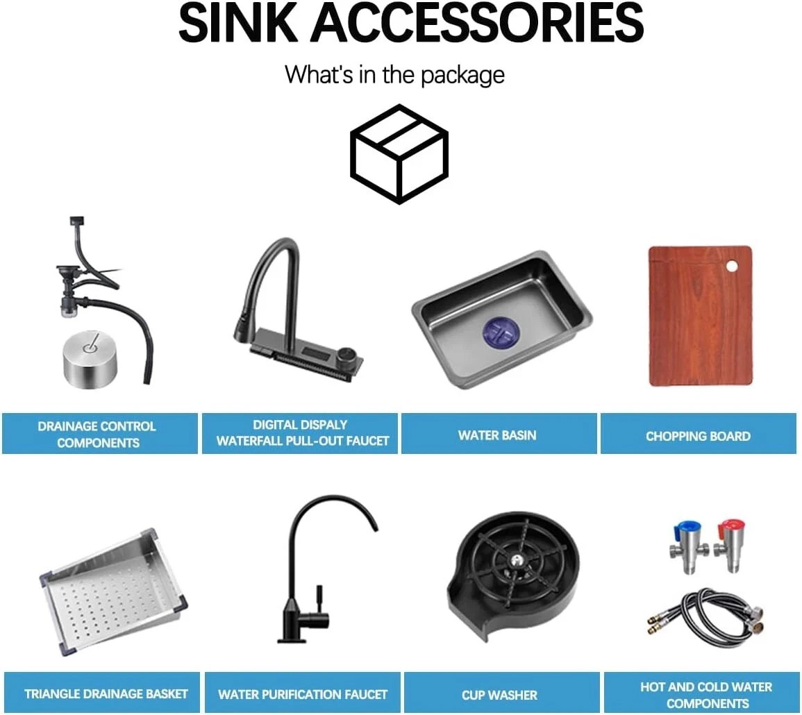 Stainless Steel Waterfall Kitchen Sink Set 29.53x18.11” w/ Digital Faucet Black