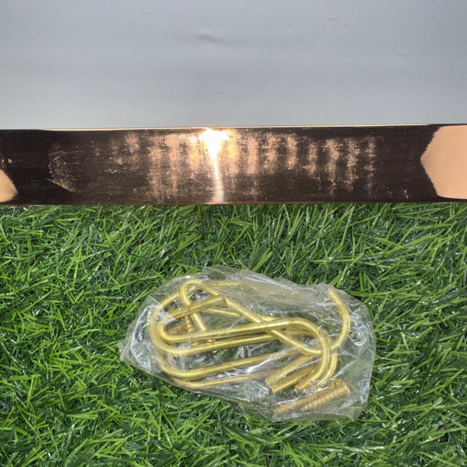 Vintage Solid Copper 24” Utensil Rack Korea Brass Tone Hooks Wall Scuffed NOS