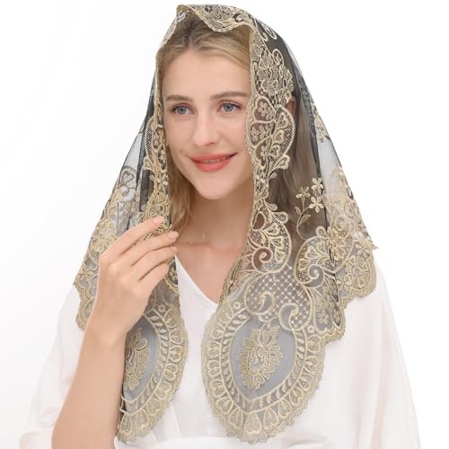 Triangular Mantilla Lace Head Covering Mass Catholic Church Veils Gold&black