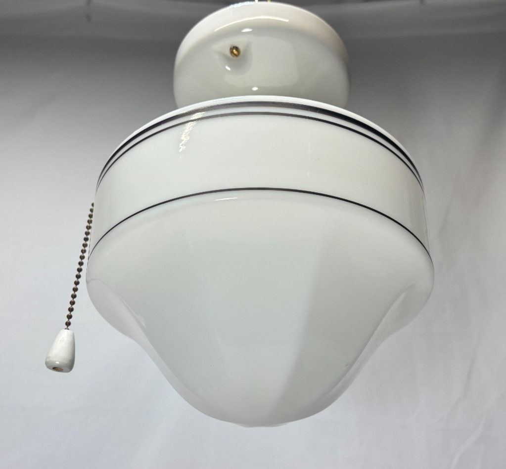 Vtg Porcelain Light Fixture Ceramic Ceiling Art Glass Shade Stripe USA #L99