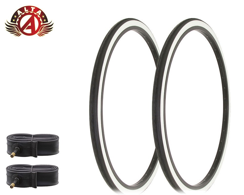 2 ALTA BICYCLE WIRE BEAD TIRES 26 x 1-3/8 WHITEWALL SLICK TOURING TREAD W/TUBES.