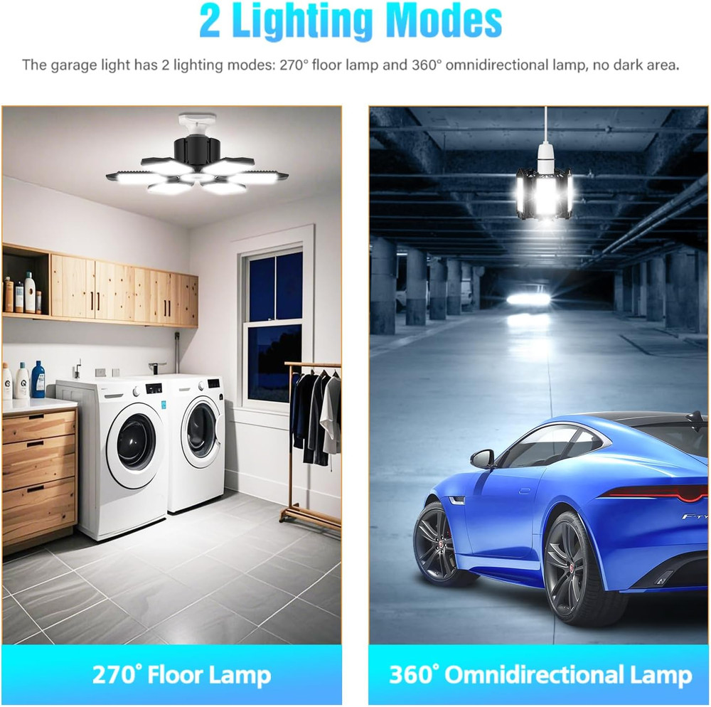 Garage Light Bulb LED 100W with 6 Deformable Panels, E26/E27 Garage Led Ceiling