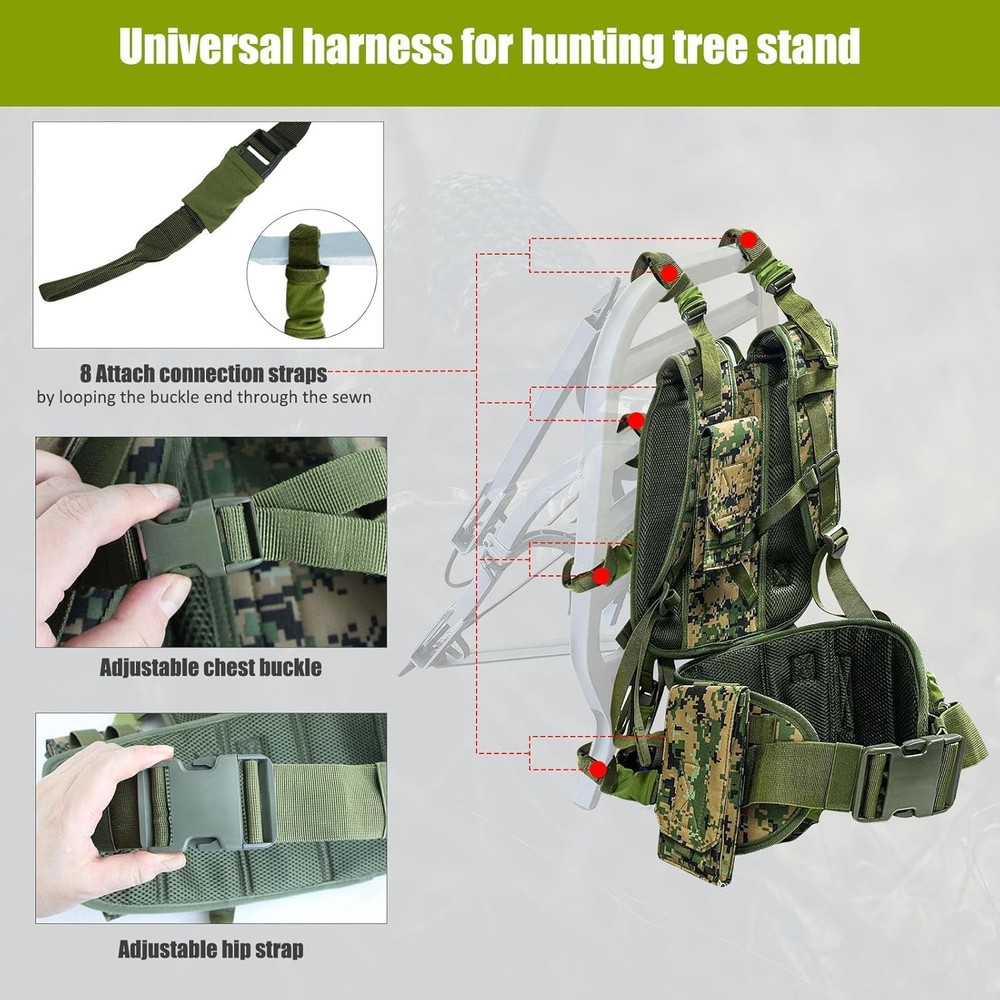 Tree Stand Carrier Backpack with Padded Straps, 8 Connection Points & 3 Pocke...