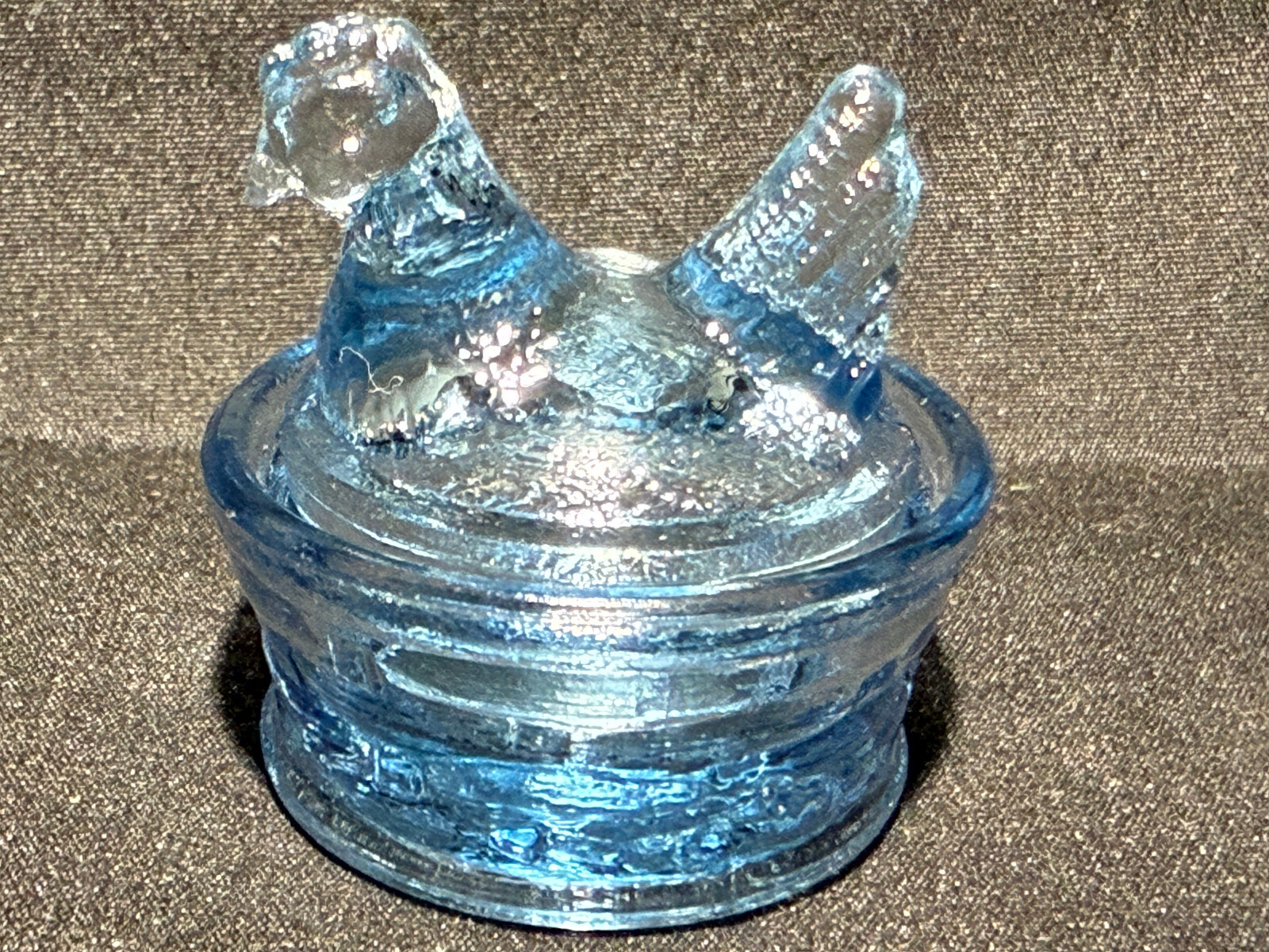 Blue Vaseline uranium glass Hen Chicken on nest basket eggs / salt cellar orange