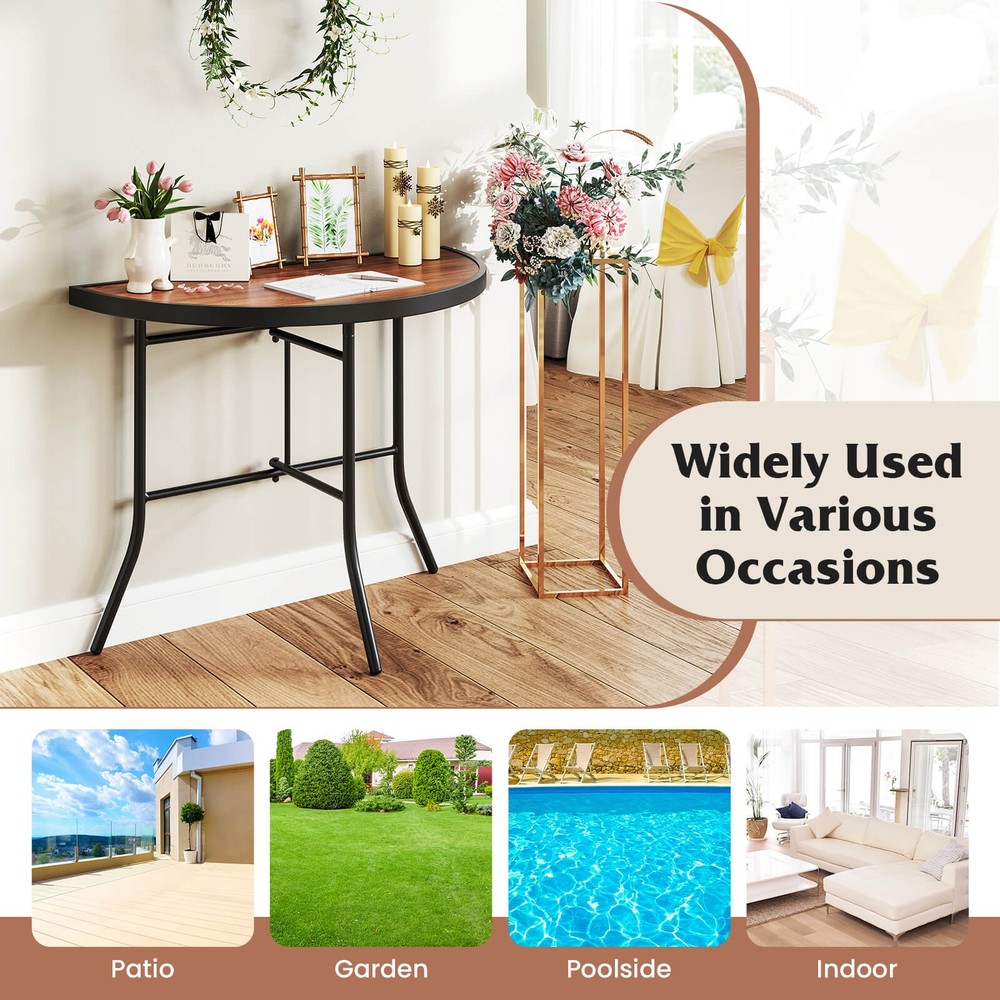 Half-Round Folding Event Table Foldable Banquet Table with Metal Frame Brown