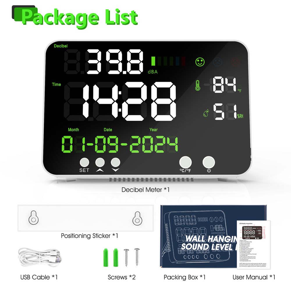Decibel Meter Sound Level Reader LED Time Temperature Humidity Noise Meter