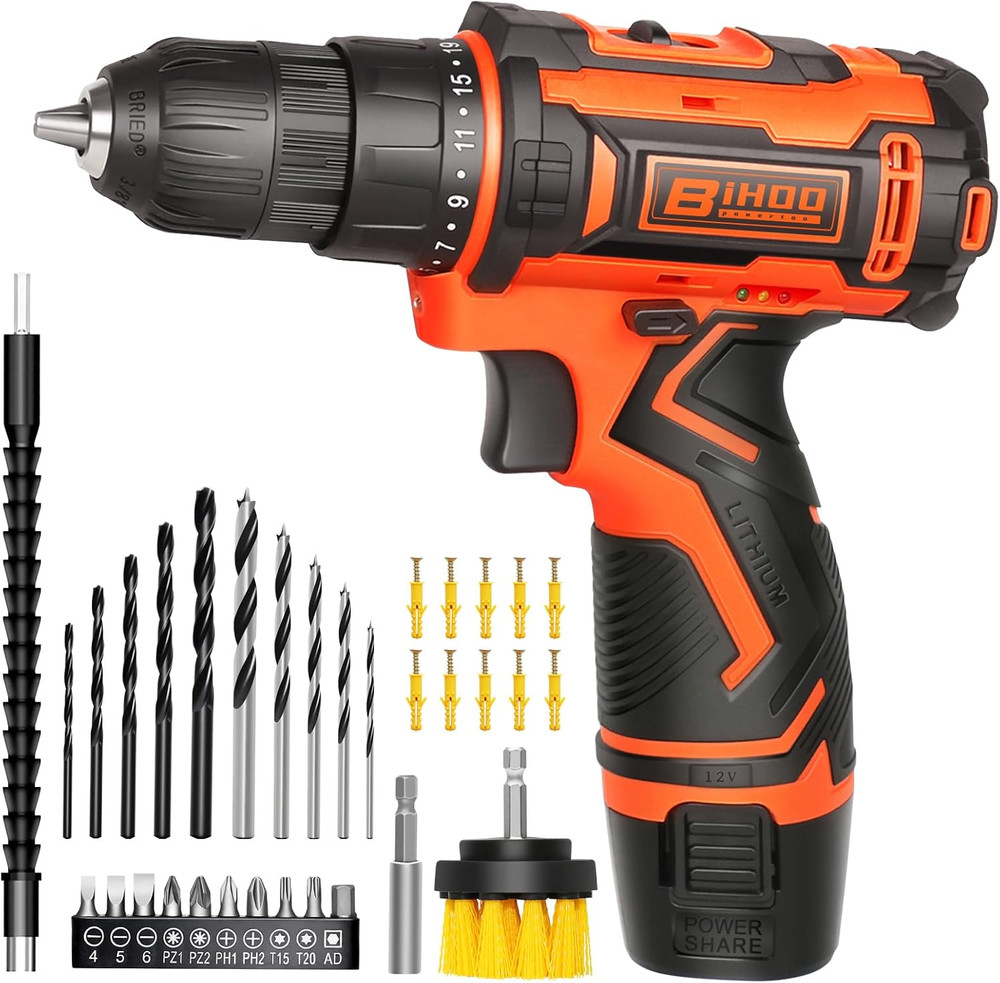 Cordless Drill Driver Set 12V,3/8"Keyless Chuck Battery Drill Kit,2 Variable Spe
