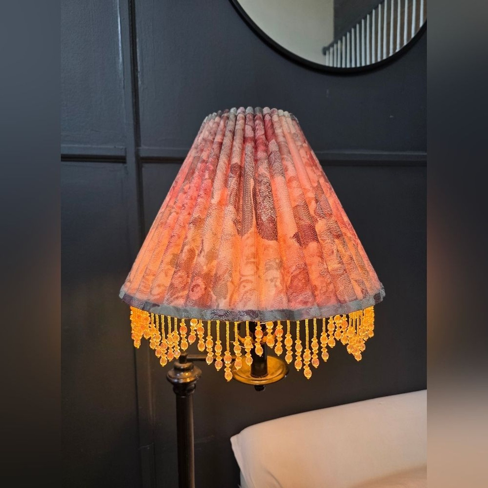 Vtg Threshold Home Brand Champagne Bell Lamp Shade Pleated Fabric Beaded Fringe