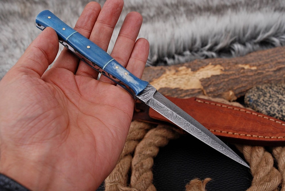 Double Edged Blade knife Damascus Fixed Blade Boot knife Camel Bone Handle