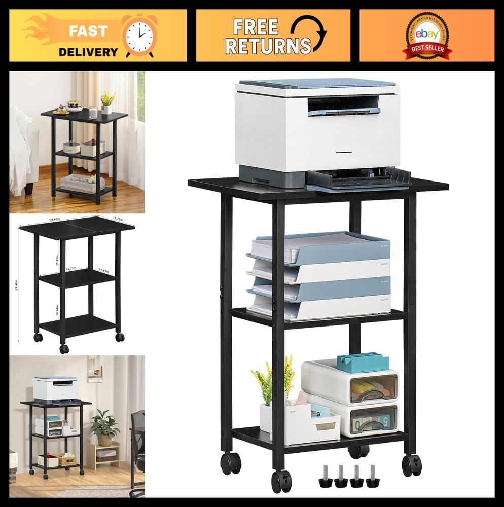 3-Tier Mobile Printer Stand with Storage Shelf, Rolling Cart with Lockable Wheel
