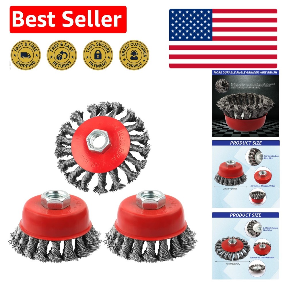 Heavy Duty 3 Pack Angle Grinder Wire Wheel Brush Set - Rust & Surface Cleaning