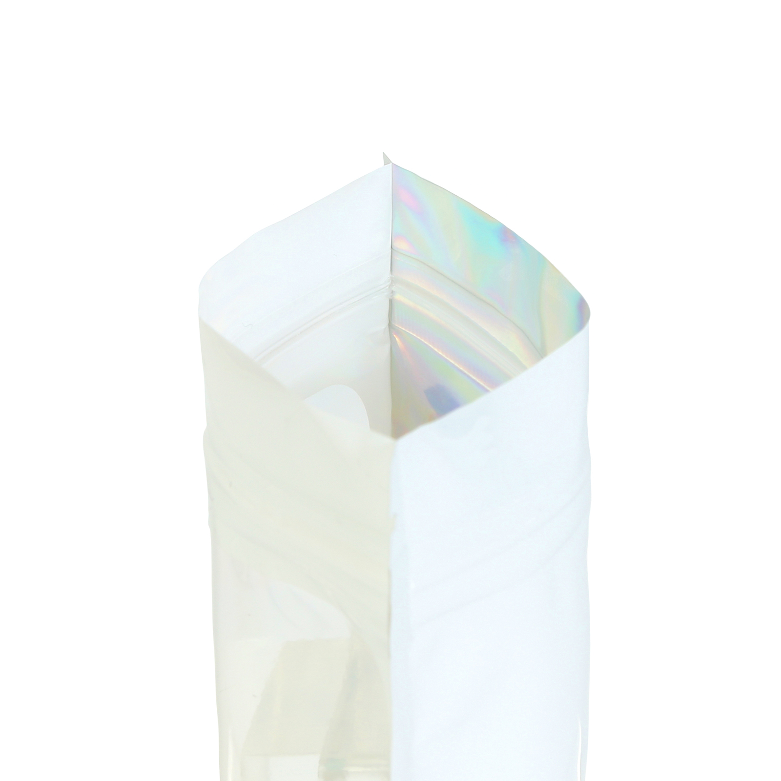 White Mylar Food Packaging Bags, Holographic Foil Snack Bags with Clear Window