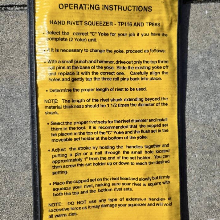 Aircraft Hand Rivet Squeezer US INDUSTRIAL TP-116 W/Carry Bag, Repair