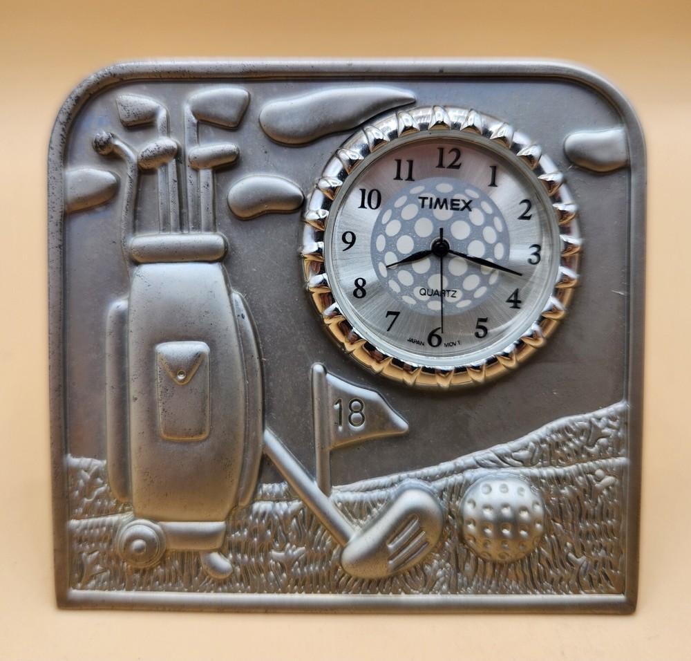 Timex Golfing Theme Silvertone Clock Quartz JAPAN MOVEMENT, EUC