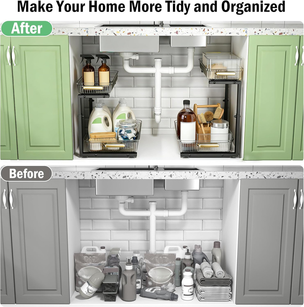 Under Sink Organizer - 2 Packs Multi-Purpose Pull-Out Storage Organizers, Slide