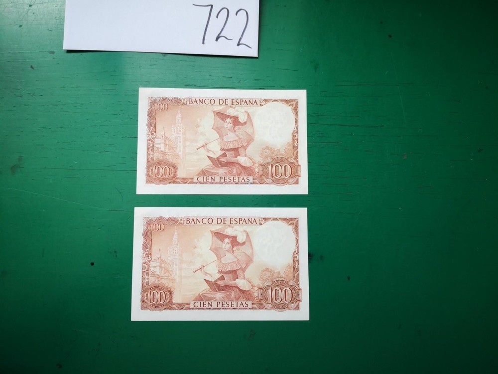 Spain 1965 2x 100 Pesetas Notes Consecutive Banknotes #722