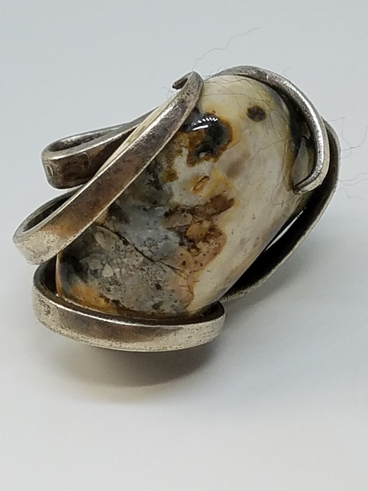 Vintage Fork Ring Large Stone Artisan Silver Tone Size 7