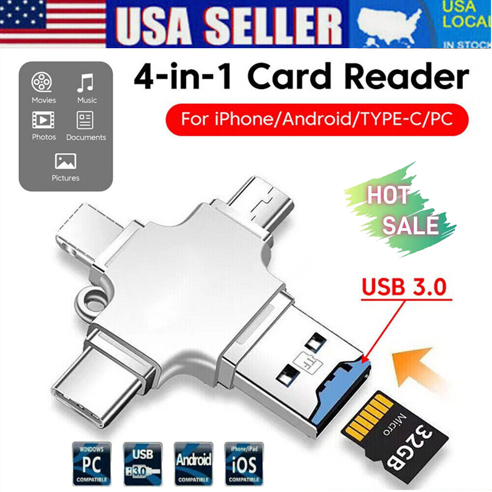 4 in 1 OTG Card Reader USB Micro TF Memory Card Adapter For iPhone Android PC US