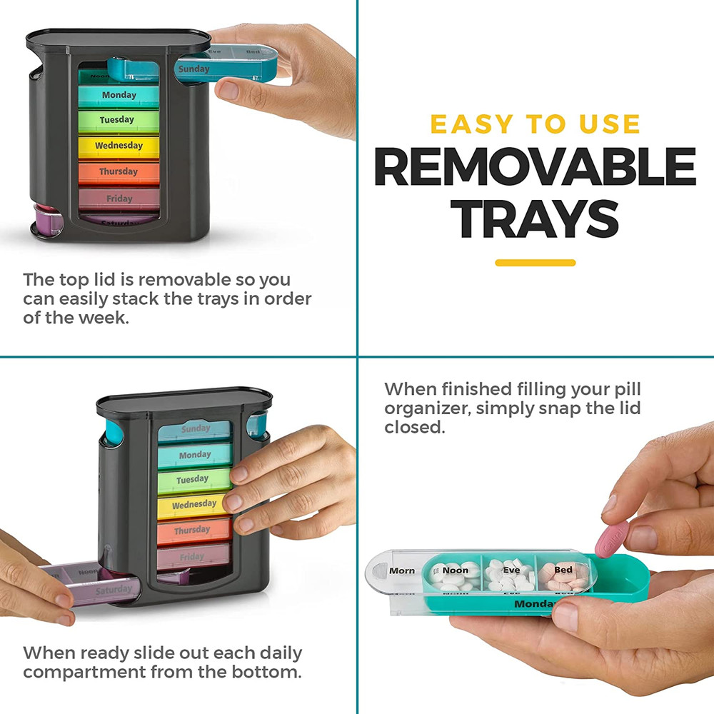 Weekly Pill Organizer, 1 Dispenser, 7 Stackable Compartments Four Times-A-Day -