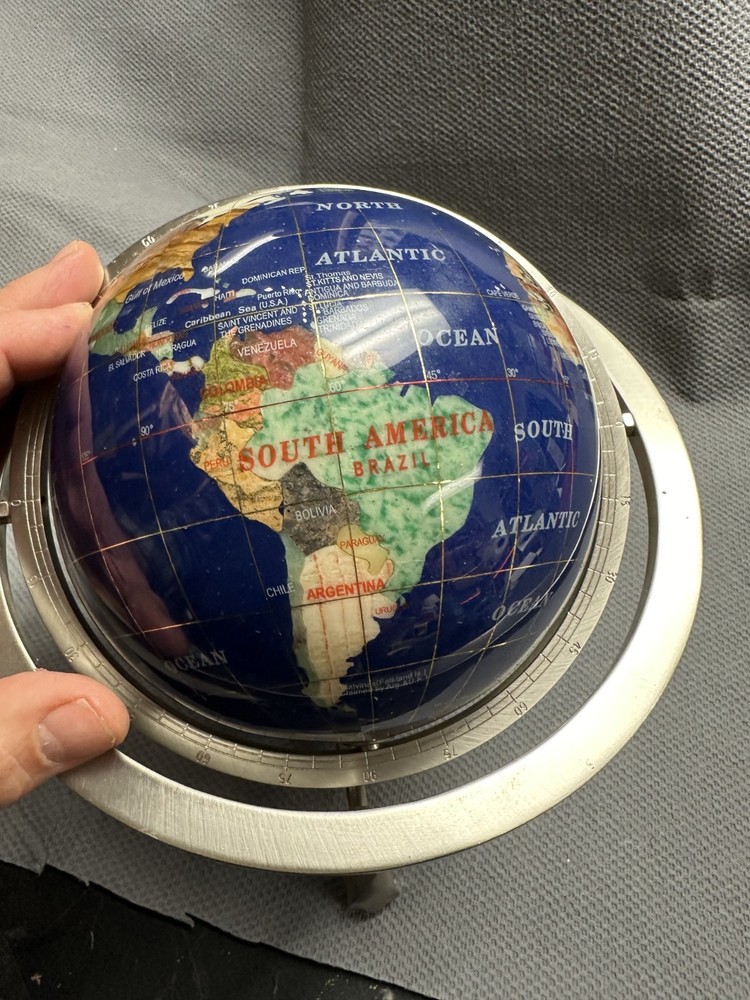 10 Inch Decorative Gemstone Inlaid World Globe With Solid Brass Three.