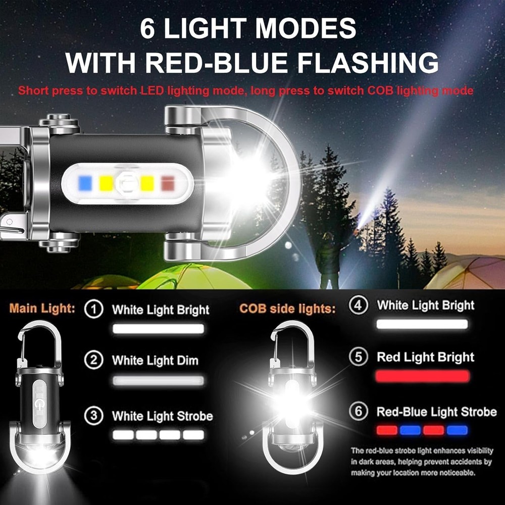2 Pack Rechargeable Keychain Flashlights, EDC Mini Keychain Flashlight 6 Light M