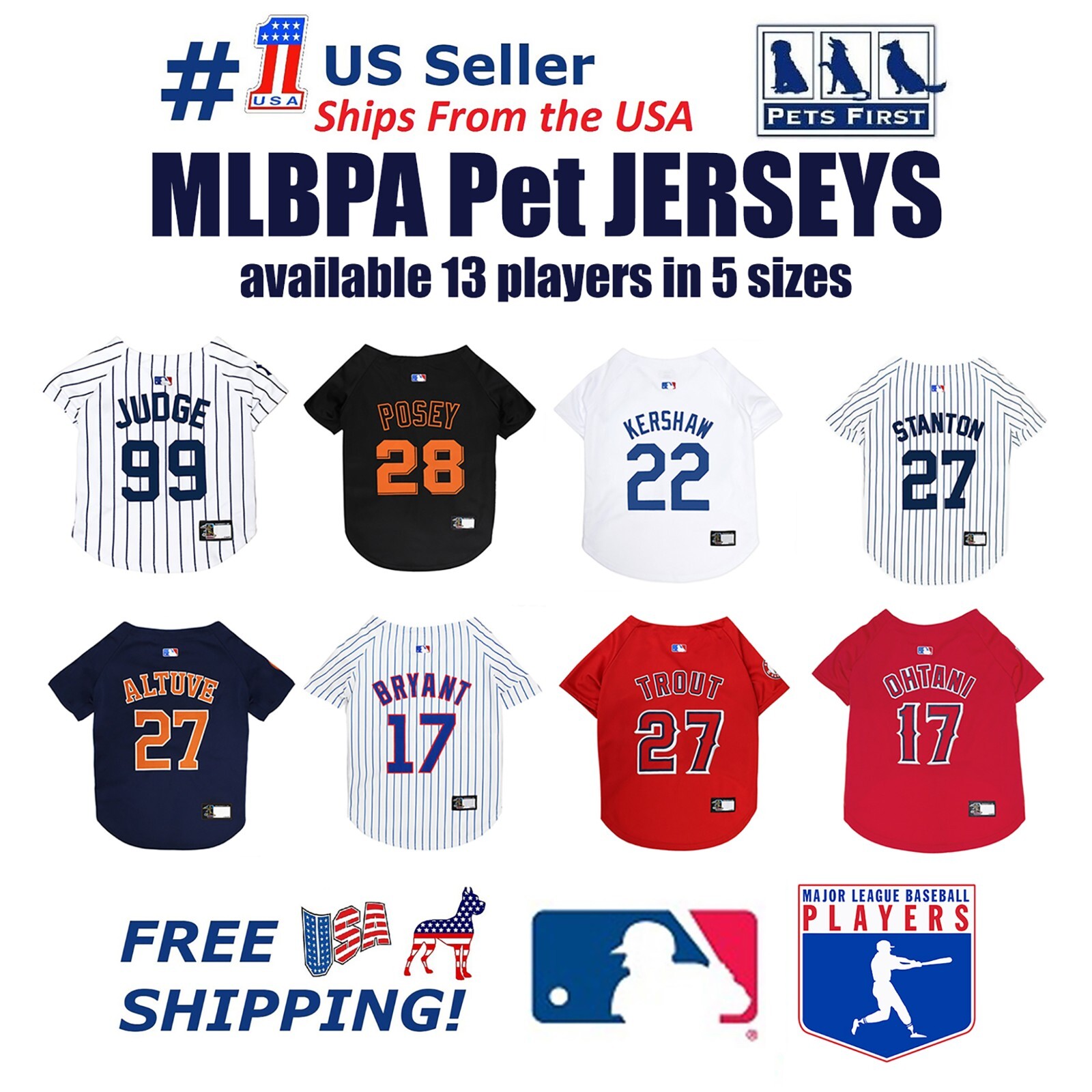 MLBPA Licensed Dog Jersey & Cat Jersey - Available in  17 Team Players 5 sizes