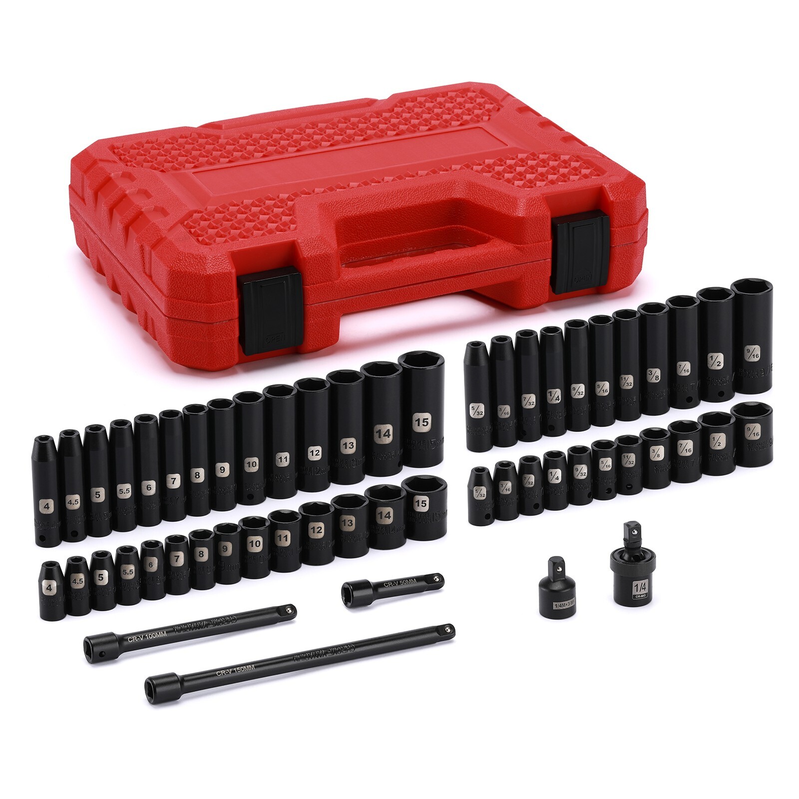 55PCS 1/4" Drive Deep and Shallow Impact Socket Set, CR-V, SAE & Metric, 6 point