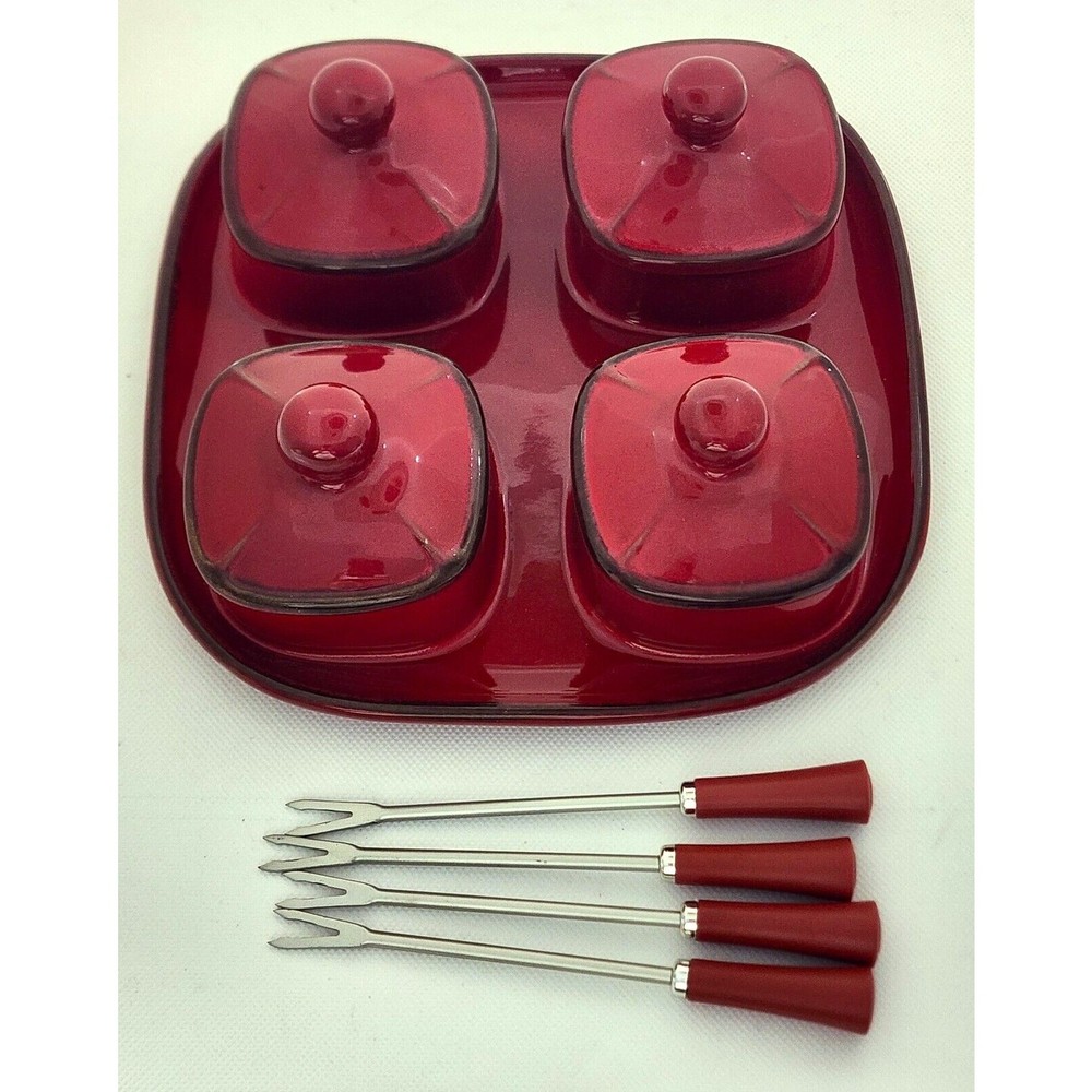 Condiment Server-Pottery Barn-4 Sections-Forks-Burgundy/Red-Square Server