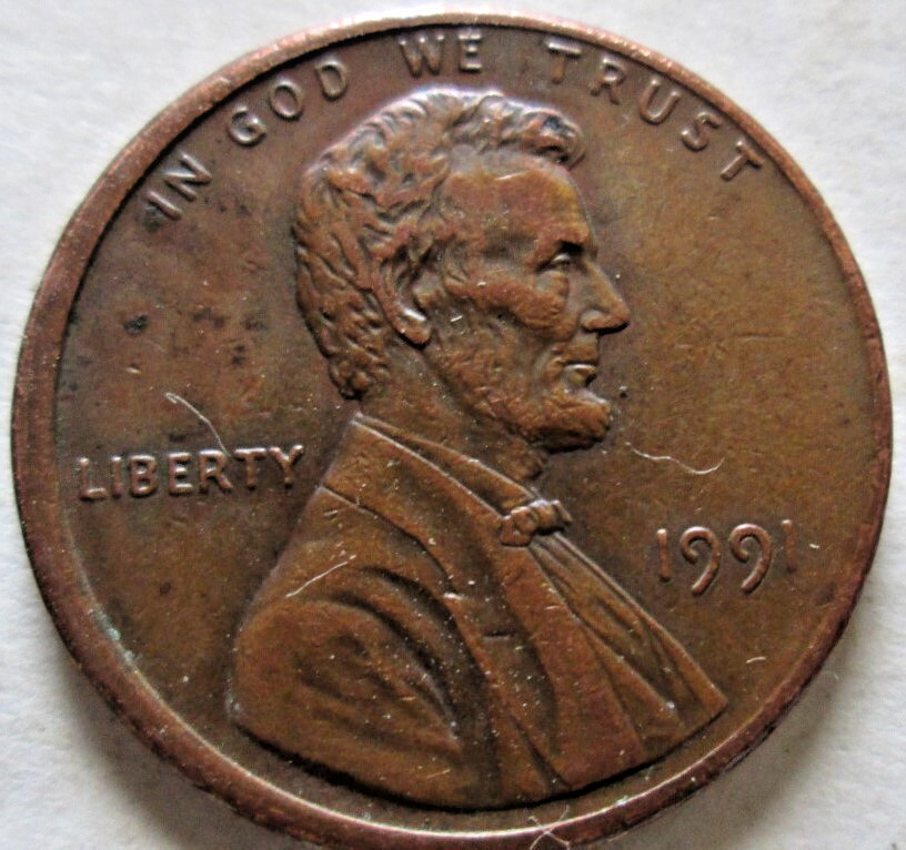 1991-P MEMORIAL CENT, MIS-ALIGNED DIE & REVERSE DIE CRACK ERRORS, AU, CIRCULATED