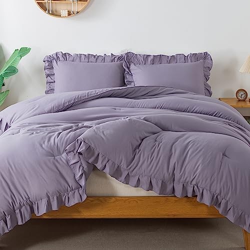 Grayish Lavender Comforter Set, 3 Pieces Solid Ruffle Bedding Queen Purple