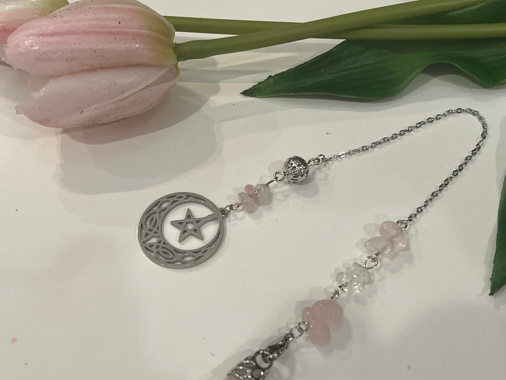 Blessed Rose Quartz Pentacle Pendulum, Dowsing Rod, Ceremonial Tools