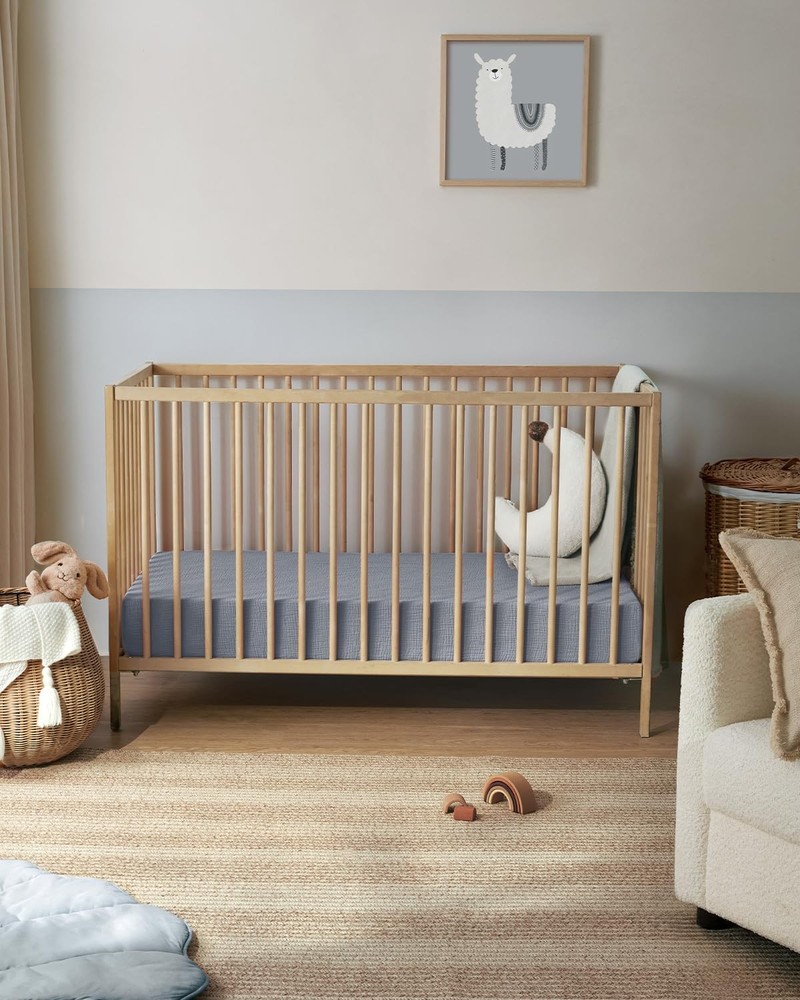 Blissful Diary Muslin Crib Sheets for 2 Pack, Light Blue & Grey
