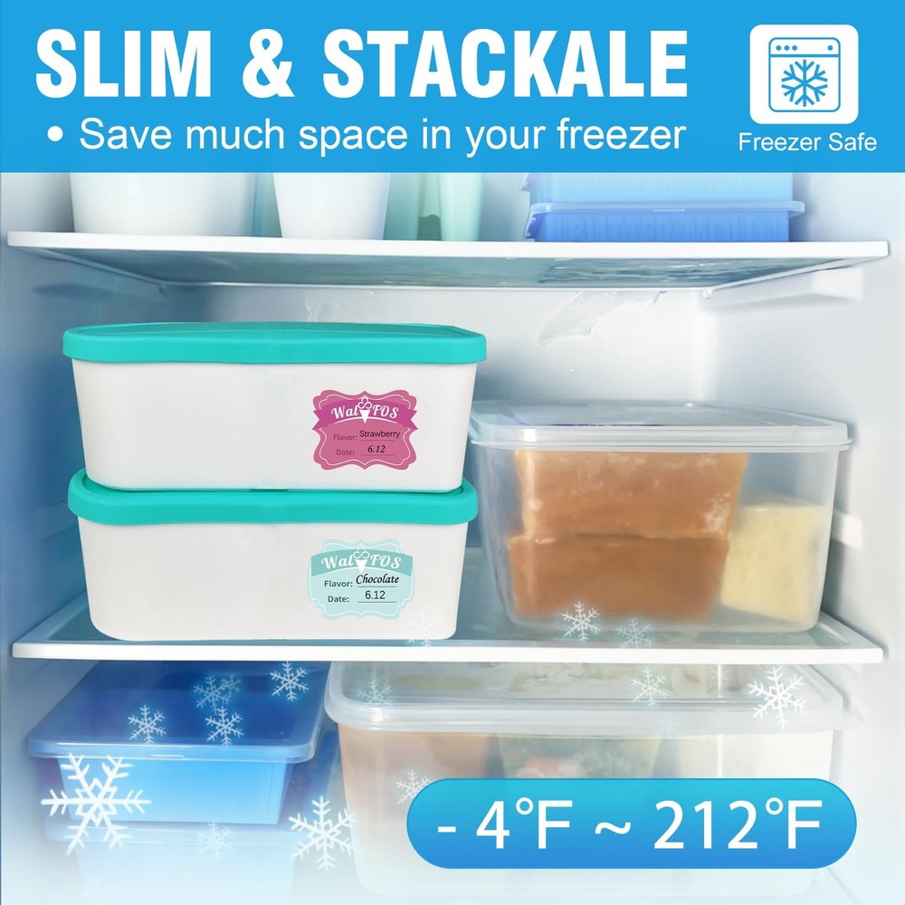 Walfos Ice Cream Containers 1.6 Quart Set of 2 with Silicone Lids Stackable