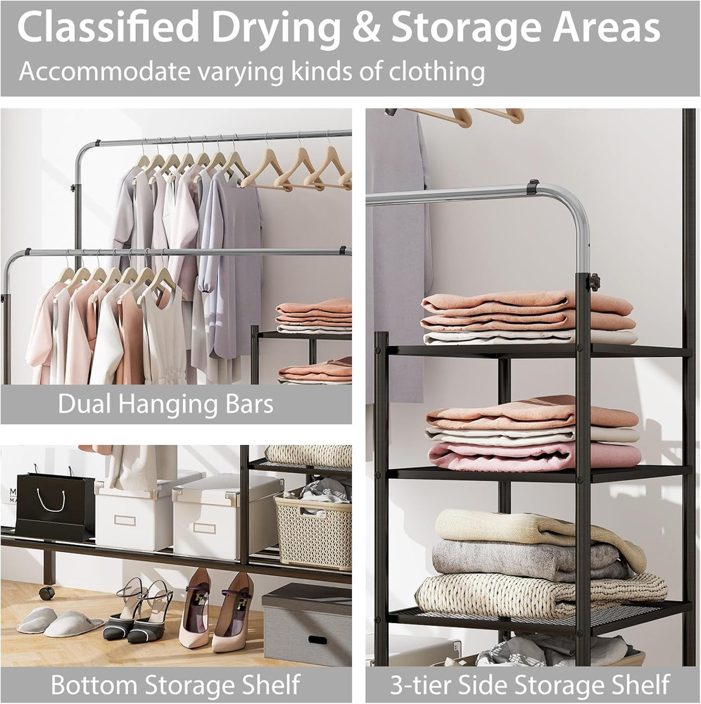 Sturdy Adjustable Rolling Garment Rack with Lockable Wheels & Shelves