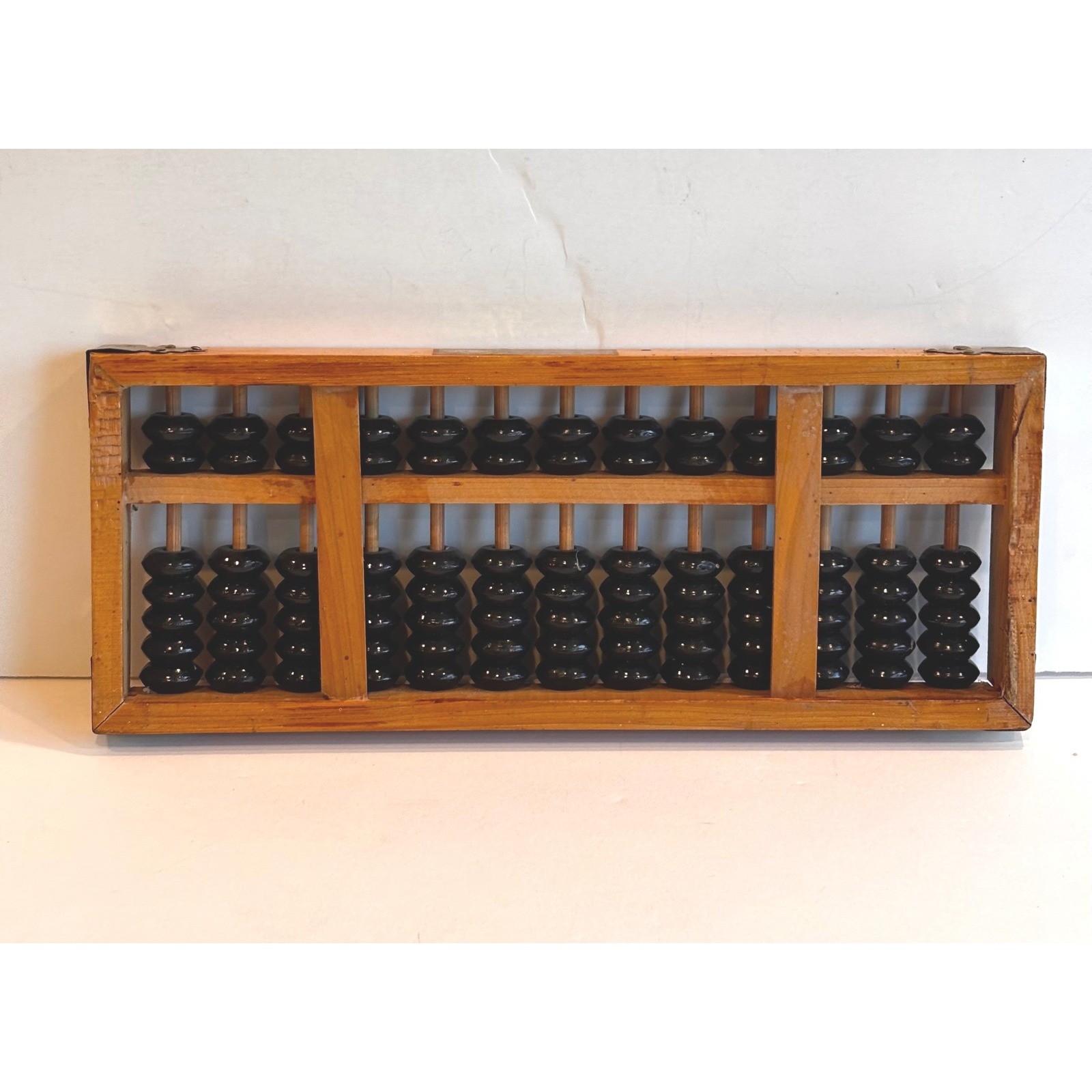 Vintage Chinese Wooden Abacus 13 Column Suanpan Brass Accents Black Beads