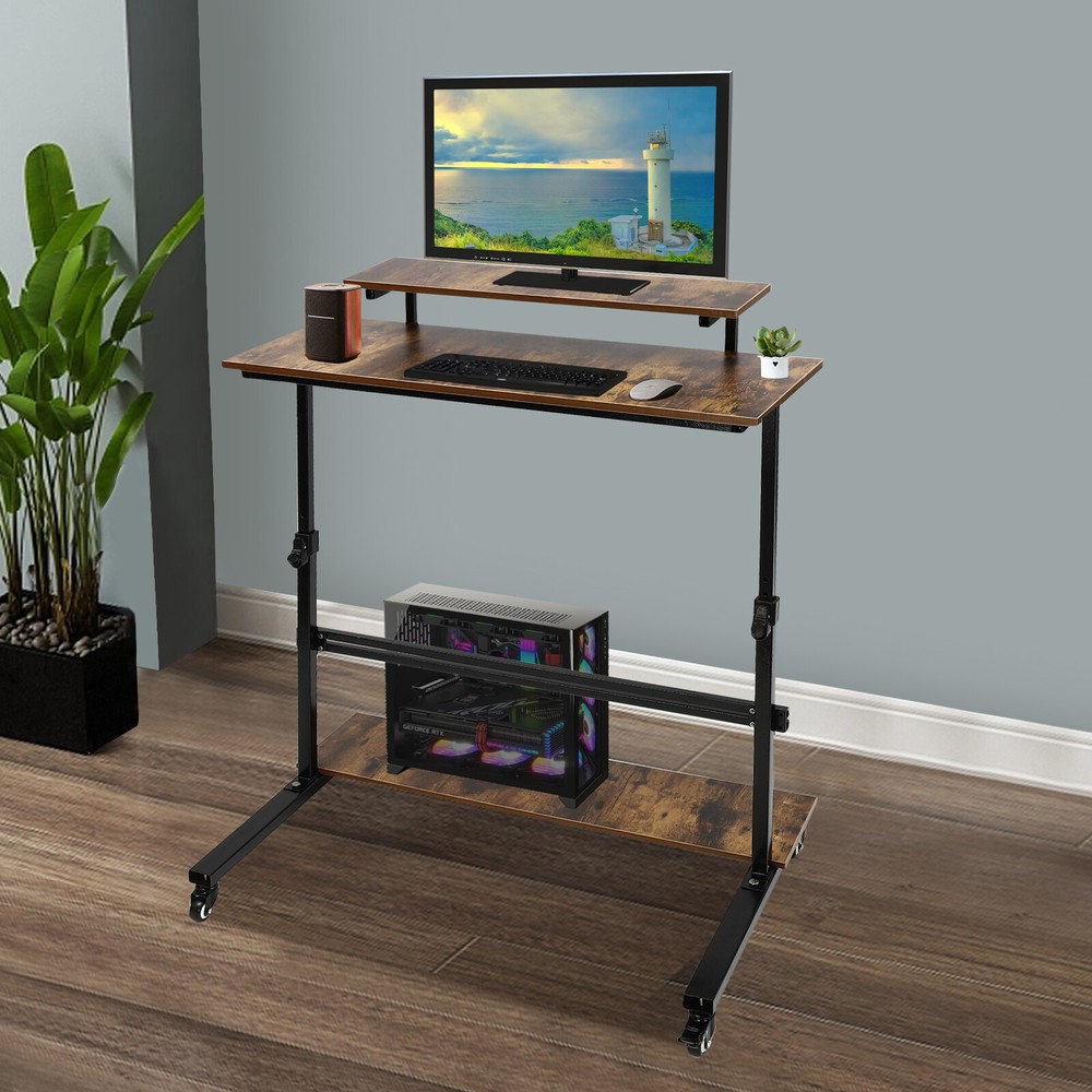Rolling Laptop Desk Adjustable Height Computer Table Stand up Office Workstation
