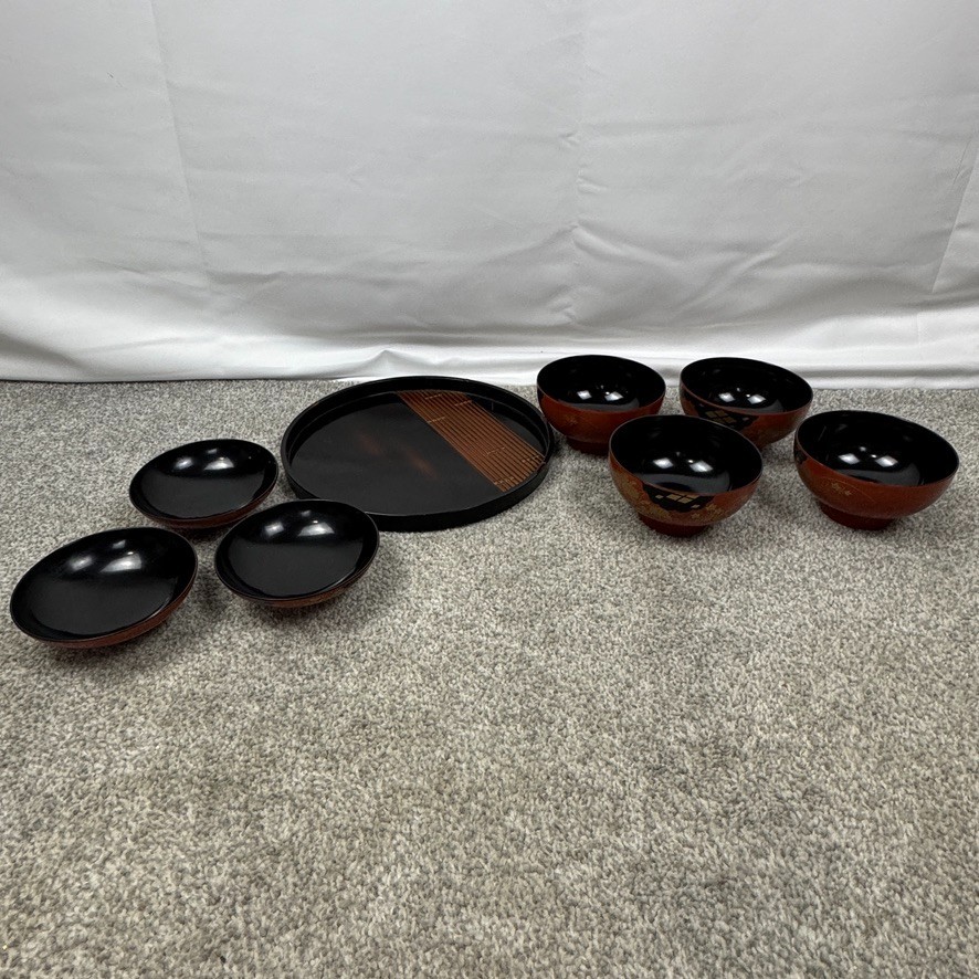 5 Showa Period Wajima-Nuri Owan Serving Bowls 3 Lids & Lacquered Wood Tray Japan