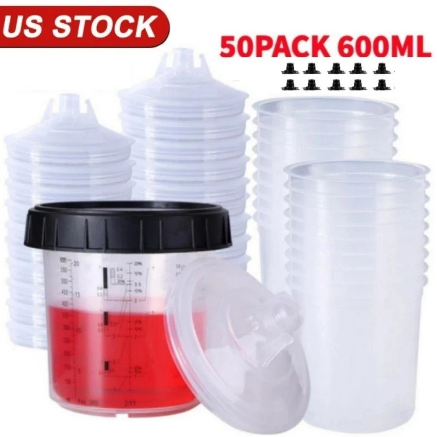 50Pack PPS CUPS Disposable Paint Spray Gun Cup Liners and Lid System 600ml/20Oz