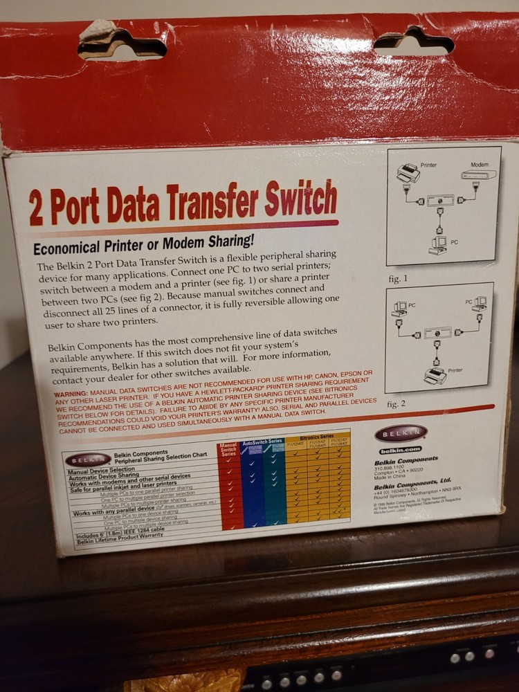Belkin DB25 Rotary 2 Port Data Transfer Switch F1B024-E Serial/Parallel Printer