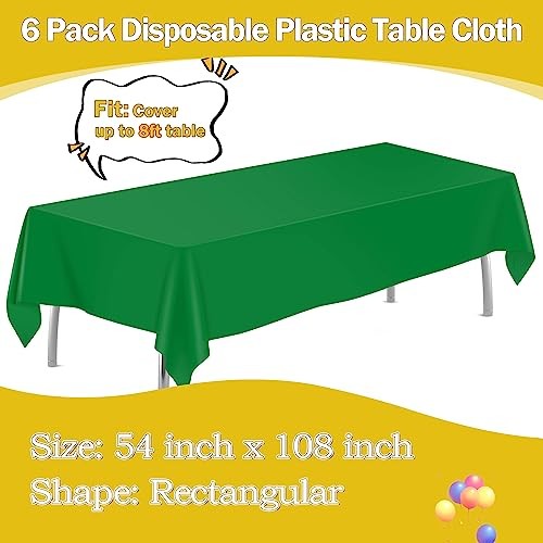 6 Pack Plastic Table Cloth 54" x 108", Disposable Tablecloths Rectangle Green