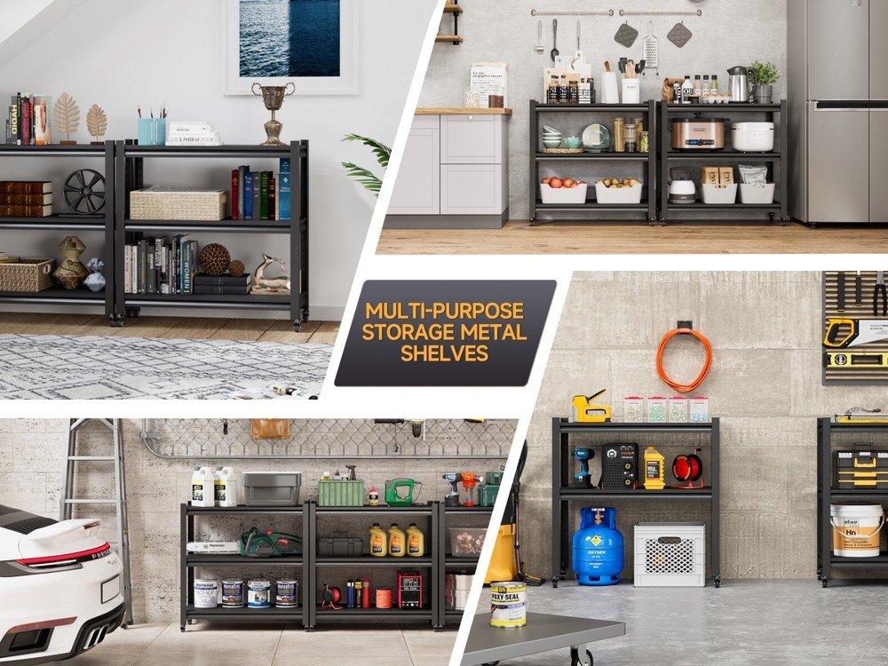 Rolling Storage Rack 3-Tier Shelving Tool Storage Shelving for Garage Kitchen
