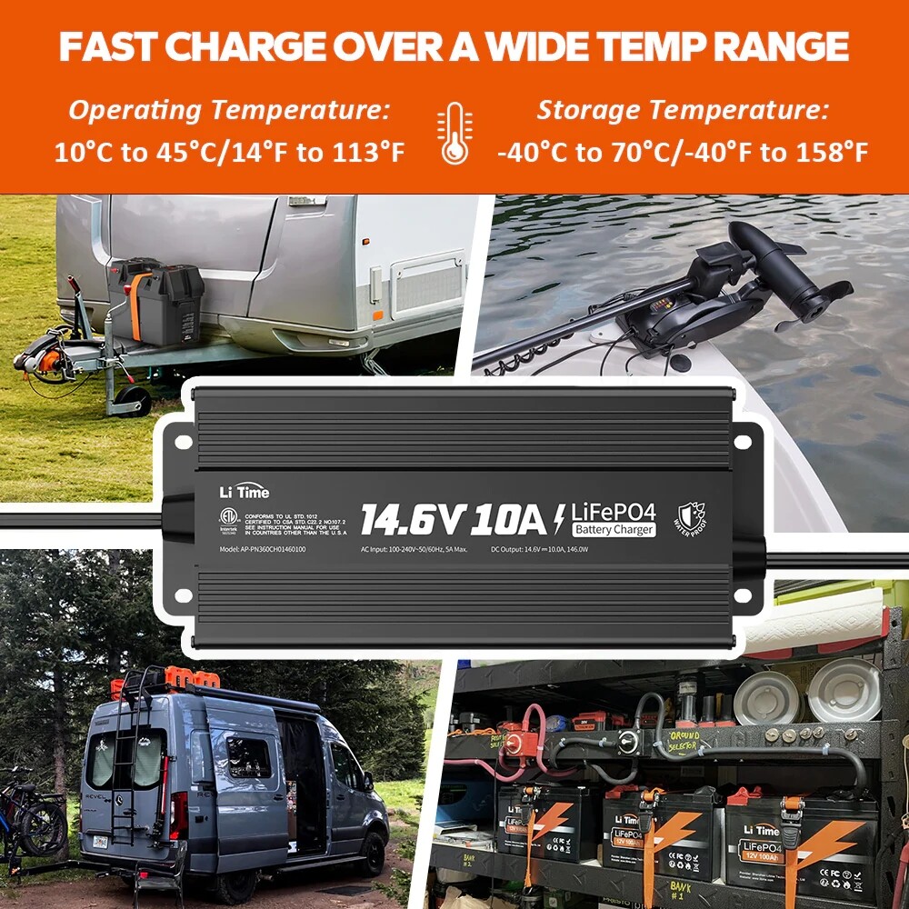 LiTime IP67 Waterproof 14.6V 10A LiFePO4 Onboard Charger for Outdoor Marine Use